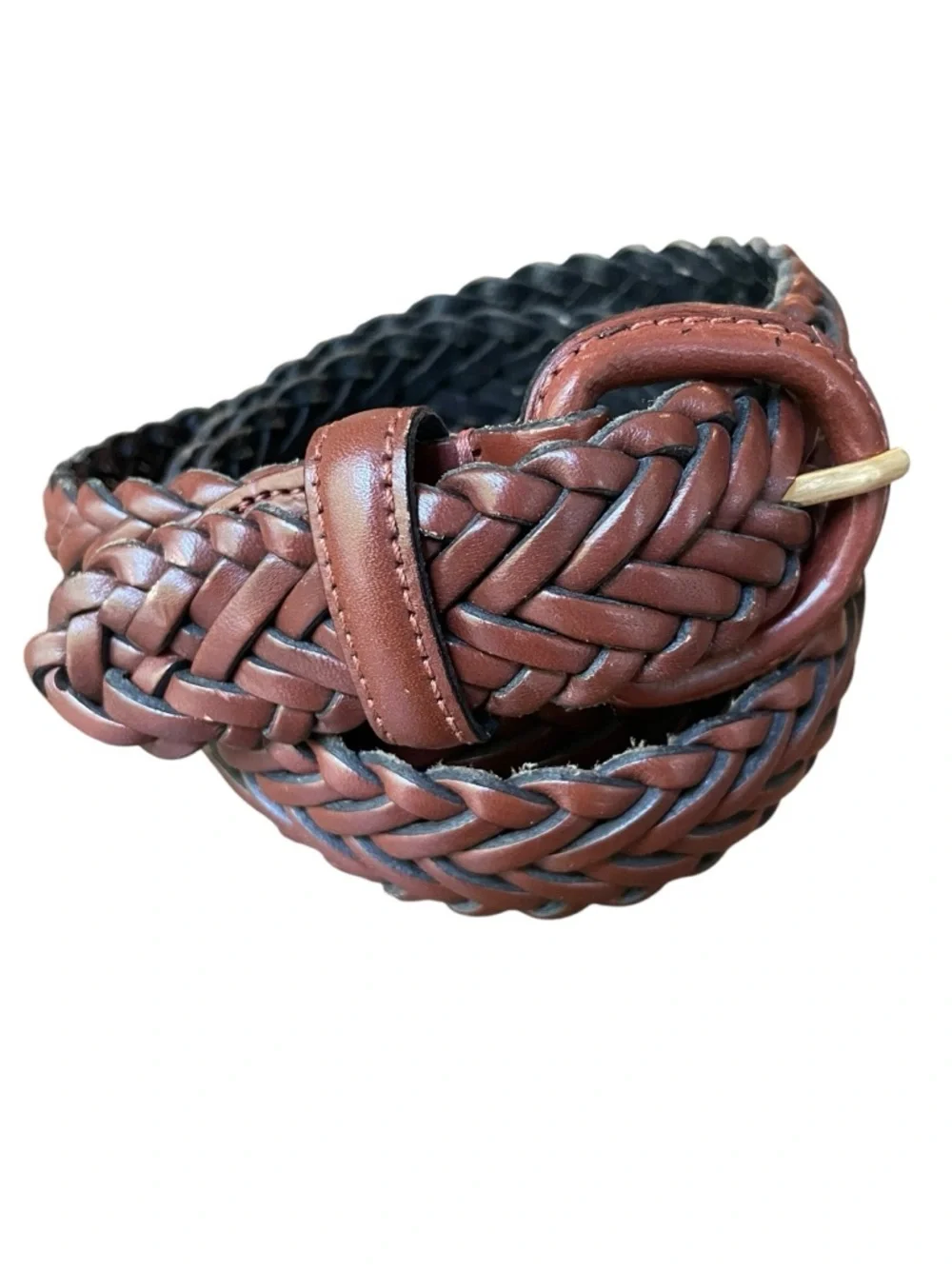 Braided Leather Belt Covered Buckle Cognac Brown Sz 40 Classic Boho Adjustable